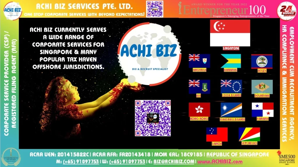 A girl holding achibiz logo to express about offshore jurisdiction services with a colourful frame showing the logo & award details