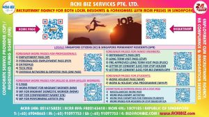 ACHI Biz recruitment agency guide showing Singapore MOM work passes, employment pass categories, and foreign worker options