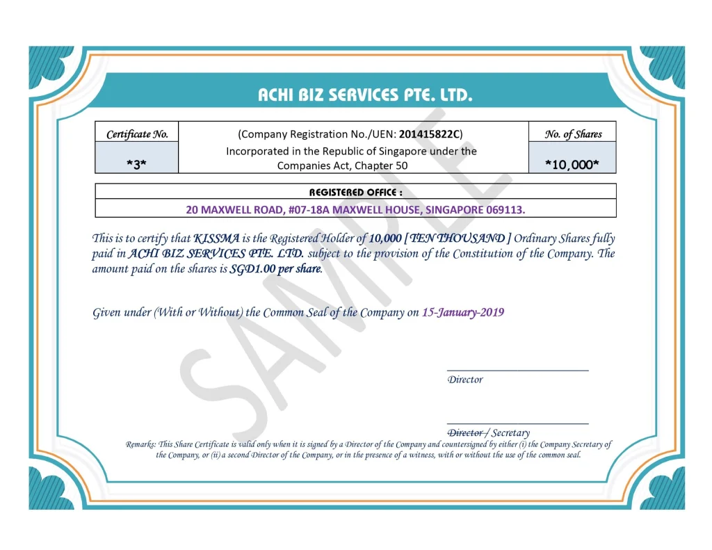 Issuance of Share Certificate