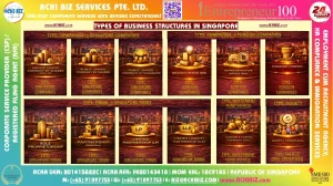 Colorful infographic header displaying the title “Types of Business Entities in Singapore” in bold, modern typography on a dark background.