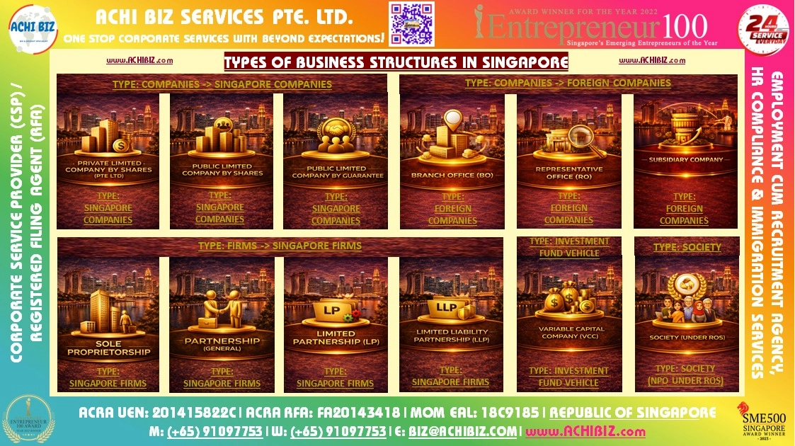 Colorful infographic header displaying the title “Types of Business Entities in Singapore” in bold, modern typography on a dark background.