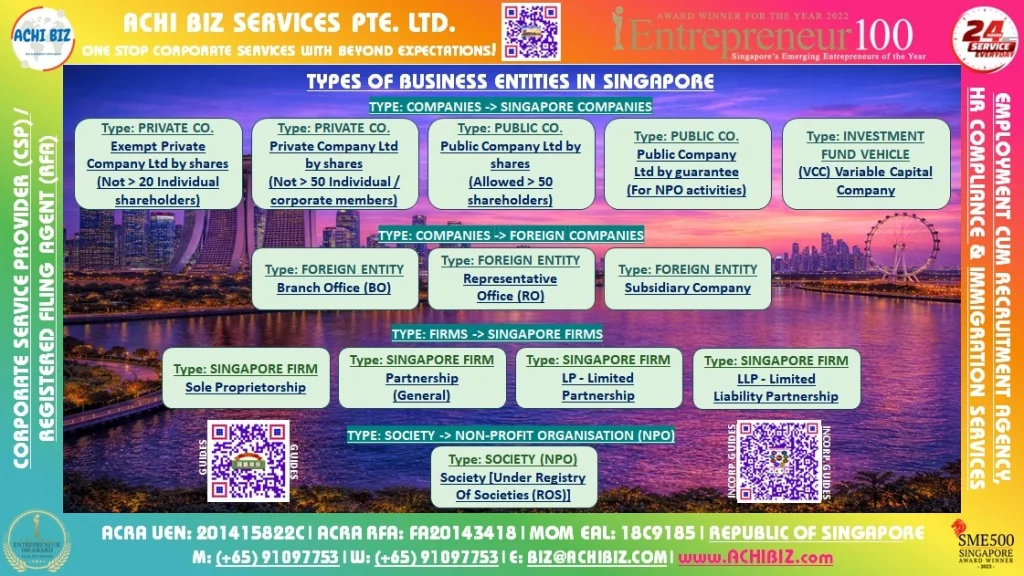 Colorful infographic for “Types of Business Entities in Singapore” in bold, modern typography on a dark Singapore skyline dusk background.