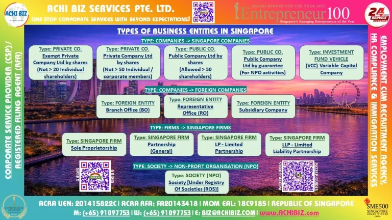 Colorful infographic for “Types of Business Entities in Singapore” in bold, modern typography on a dark Singapore skyline dusk background.
