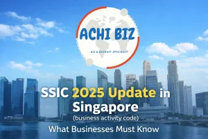 Promotional banner featuring Singapore’s CBD skyline with the ACHI BIZ logo, highlighting “SSIC 2025 Update in Singapore (business activity code)” and “What Businesses Must Know.”