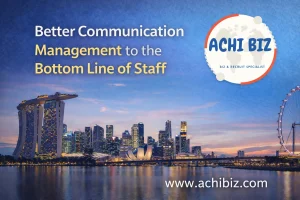 Singapore CBD skyline at dusk with communication-focused headline, Achibiz logo above, and website below.
