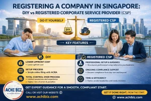 Infographic showing Singapore skyline with Marina Bay Sands, comparing DIY vs registered CSP for company registration, highlighting cost, process, compliance support, and efficiency, with ACHI BIZ logo and website at the bottom.
