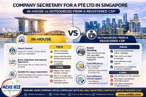 Infographic comparing in-house vs outsourced company secretary for a Pte Ltd in Singapore, showing key differences, pros and cons, cost efficiency, compliance focus, and ACHI BIZ branding against a Singapore skyline background.