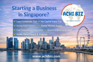 Singapore skyline CBD with business incorporation title, key benefits, and Achibiz logo promoting company setup services in Singapore