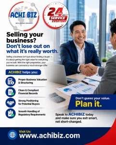 Professional business meeting scene showing two individuals shaking hands in a modern office, with ACHIBIZ logo and 24-hour service badge, promoting business sale advisory, valuation, and exit planning services in Singapore.