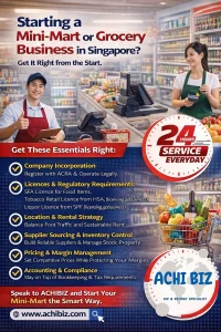 Image showing a modern mini-mart interior with staff at the cashier and stocked shelves, featuring ACHIBIZ logo, 24-hour service badge, and text about starting a mini-mart or grocery business in Singapore with key steps on licensing, inventory, pricing, and compliance.