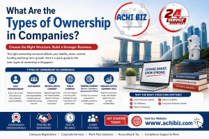 nfographic titled “What Are the Types of Ownership in Companies?” featuring Singapore skyline, overview of sole proprietorship, partnership, private limited company, public company, foreign company, and VCC, benefits of choosing the right structure, and call-to-action with www.achibiz.com