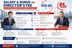 Infographic comparing salary & bonus vs director’s fee in a Singapore Pte Ltd company for local and foreign directors, showing tax treatment, CPF requirements, approval process, pros and cons, and which option is more tax-savvy, with Achibiz branding, 24-hour service badge, Singapore skyline, and website [www.achibiz.com](http://www.achibiz.com).