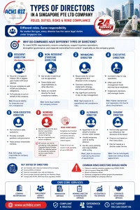 Infographic on the types of directors in a Singapore Pte Ltd company, covering resident, non-resident, managing, executive, non-executive, nominee, alternate, and shadow directors, with their roles, duties, risks, and ROND compliance requirements, including note that nominee director services must be provided by a registered CSP and penalties for non-compliance, featuring Achibiz branding, 24-hour service badge, Singapore CBD background, website [www.achibiz.com](http://www.achibiz.com), and core services such as company incorporation, employment agency services, immigration services, nominee director & shareholder services, accounting & tax services, and corporate secretarial services.