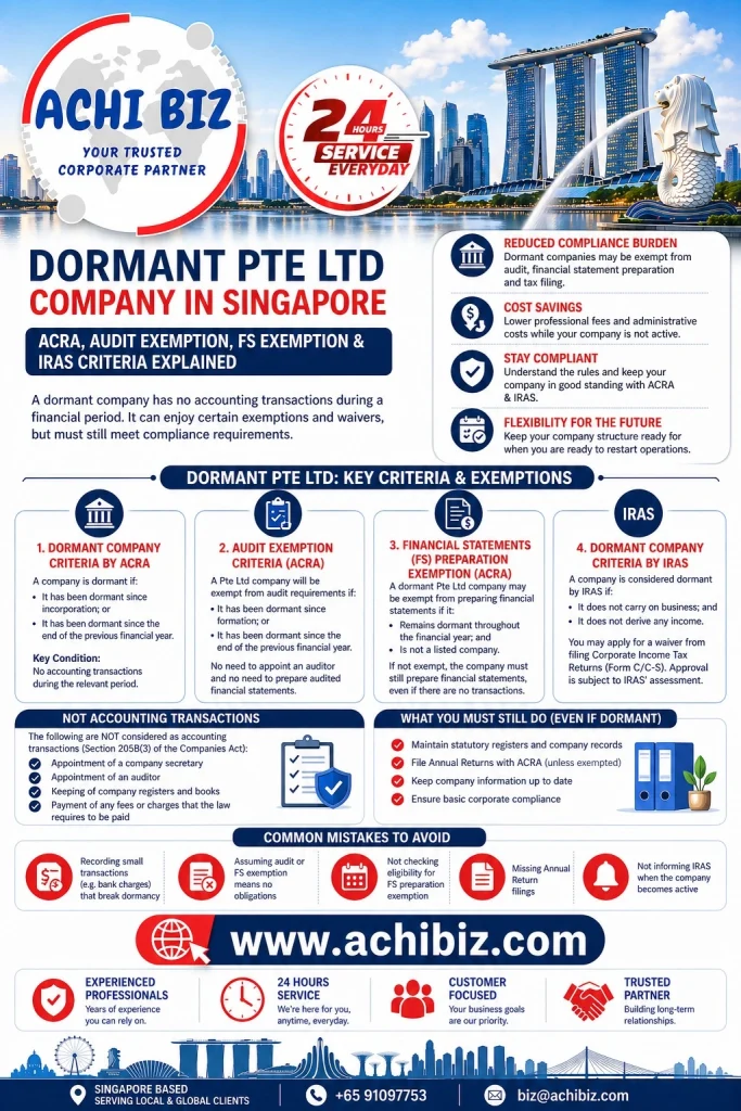 Singapore dormant Pte Ltd company guide covering ACRA rules, audit exemption, financial statements exemption and IRAS criteria