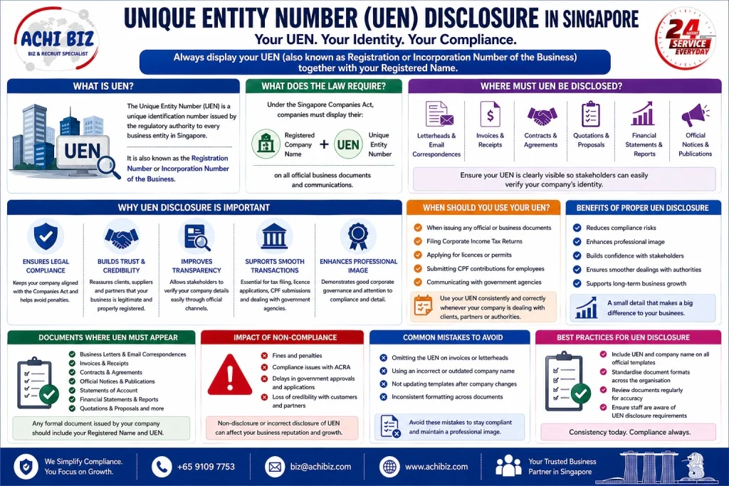 Unique Entity Number UEN disclosure Singapore infographic showing legal requirements, where to display UEN, benefits and compliance tips by Achibiz