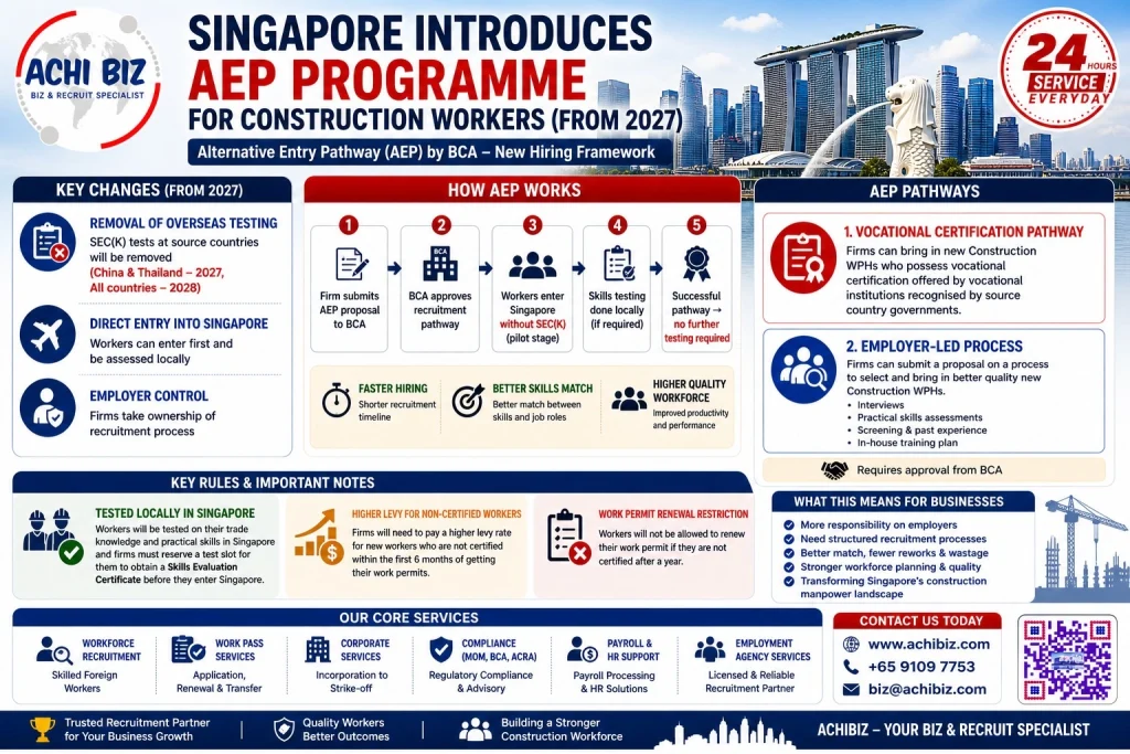 Singapore AEP programme infographic showing new construction worker hiring rules from 2027, local skills testing, higher levy for non-certified workers, work permit renewal rules and employer-led recruitment pathways by Achibiz