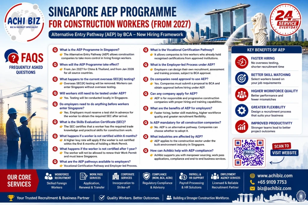 Singapore AEP FAQ infographic by Achibiz showing construction worker hiring rules from 2027, certification requirements, levy penalties, work permit renewal conditions, employer-led hiring pathways and QR code contact details