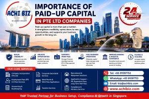 Paid-up capital Singapore infographic by Achibiz showing importance of paid-up capital in Pte Ltd companies, EP support, business credibility, banking benefits, and corporate services with Singapore skyline