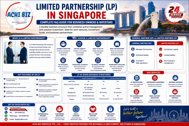 Landscape infographic on Limited Partnership (LP) in Singapore featuring Achibiz corporate services, LP structure, general vs limited partner roles, liability comparison, tax treatment, business registration with ACRA, and Singapore skyline CBD background.