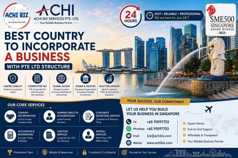Best country to incorporate a business with Pte Ltd structure in Singapore – ACHI Biz company incorporation, corporate secretarial, accounting, tax and payroll services.
