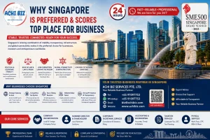 Why Singapore is preferred for business infographic by ACHI Biz, highlighting political stability, rule of law, low corruption, global connectivity, low natural disaster risk, competitive corporate tax and Singapore company incorporation services.