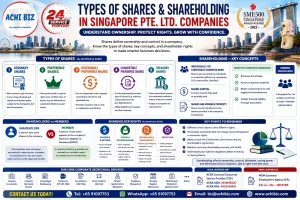 Types of shares and shareholding in Singapore Pte. Ltd. companies infographic covering ordinary shares, preference shares, redeemable and convertible preference shares, treasury shares, shareholders vs members, shareholder rights, share capital and corporate shareholding with ACHI BIZ corporate secretarial services.