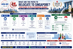 “Singapore relocation pathways infographic showing routes to Permanent Residency (PR) and citizenship through Work Permit to S Pass, S Pass, Employment Pass, ONE Pass, PEP, EntrePass, marriage to a Singapore PR or citizen, and the Global Investor Programme (GIP), with key PR eligibility factors and ACHI BIZ corporate and employment services.”