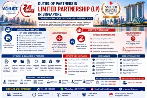 Duties of partners in a Singapore Limited Partnership (LP) infographic explaining General Partner and Limited Partner responsibilities, liability risks, compliance obligations, non-compliance impact and governance, with ACHI BIZ corporate and business support services in Singapore.