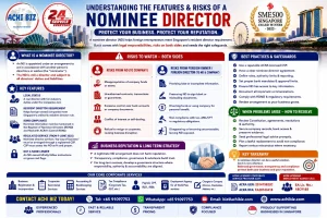 Nominee Director in Singapore infographic explaining key features, legal duties, resident director requirements, ROND compliance, risks for foreign business owners and nominee directors, safeguards, dispute resolution and long-term business reputation, with ACHI BIZ corporate, accounting, tax, payroll and employment agency services.