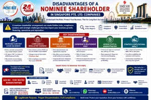 Infographic on disadvantages of a nominee shareholder in Singapore Pte. Ltd. companies, covering compliance and ACRA RONS requirements, due diligence, banking challenges, ownership risks, higher costs, business reputation and long-term strategic impact, with risk management guidance and ACHI BIZ corporate services in Singapore.