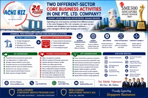 Two different-sector core business activities in one Singapore Pte. Ltd. company infographic by ACHI BIZ, highlighting revenue diversification, market expansion, advantages, disadvantages, SSIC considerations, risk management and corporate services.