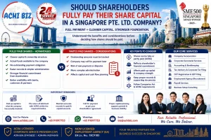 Share capital in Singapore Pte. Ltd. company infographic by ACHI BIZ comparing fully paid and partly paid shares, shareholder financial commitment, paid-up capital, advantages, risks and key compliance considerations.