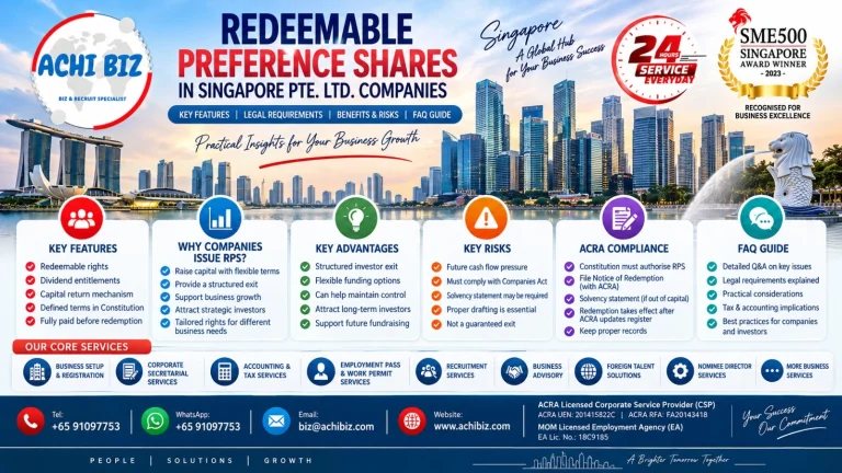 Redeemable Preference Shares in Singapore Pte. Ltd. companies infographic covering key features, legal requirements, benefits, risks, redemption and ACRA compliance.