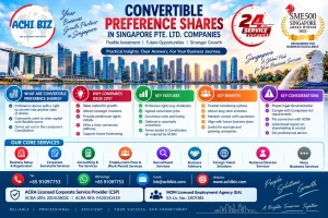 SEO Alt Text: Convertible Preference Shares in Singapore Pte. Ltd. companies infographic covering key features, conversion rights, benefits, risks, legal requirements and ACRA compliance.