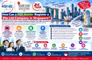 Infographic on how a Personalised Employment Pass (PEP) holder can register a Pte Ltd company in Singapore, covering MOM restrictions on entrepreneurial activity, director and shareholder eligibility, local residency requirements, alternative work pass options, business registration and ACRA, IRAS and MOM compliance.